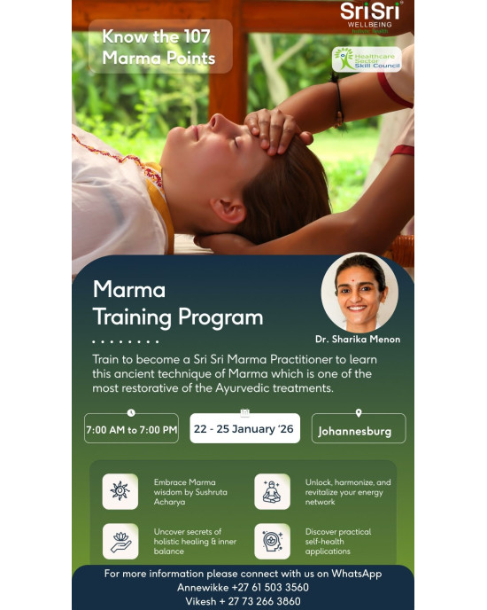 Sri Sri TATTVA South Africa invites you to the Marma Practitioner Training with the renowned Ayurvedic Doctor, Dr. Sharika Menon